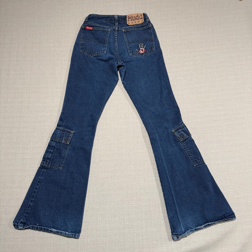 Vintage Mudd Y2k Low Rise Flare Leg Cargo Jeans Dark Wash Button Fly Size 0 - Picture 2 of 10
